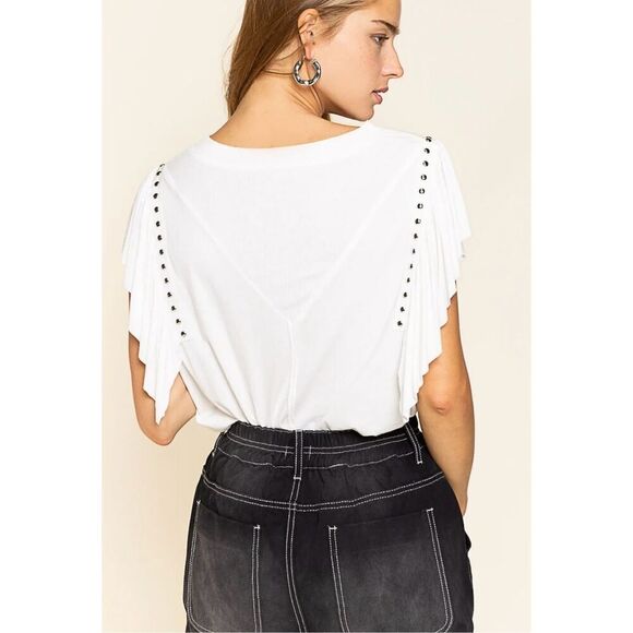 POL Studded V-Neck Top With Flutter Sleeve Off White Size L - Picture 2 of 11